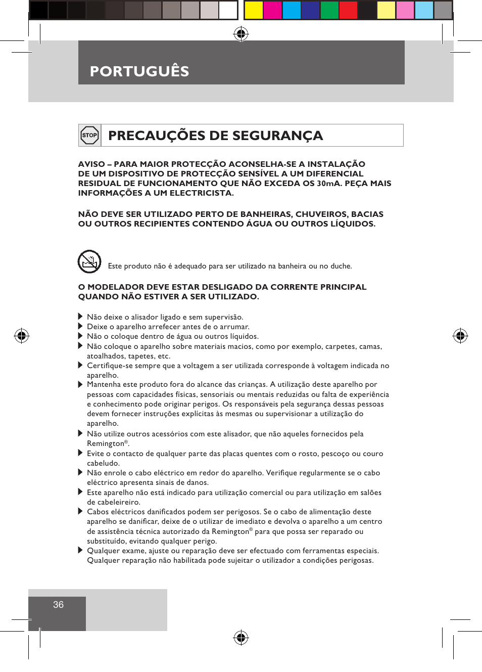 Português, Precauções de segurança | Remington S1510 User Manual | Page 38 / 83