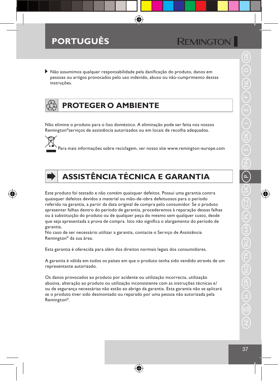 Português, Proteger o ambiente, Assistência técnica e garantia | Remington S1510 User Manual | Page 39 / 83