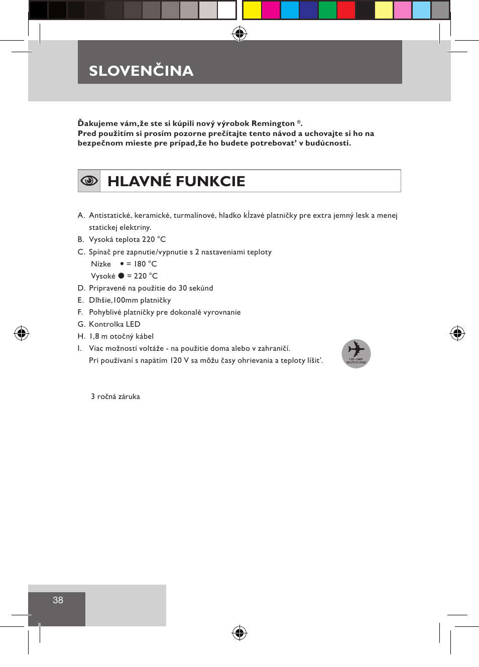 Sloven ina, Slovenčina, Hlavné funkcie | Remington S1510 User Manual | Page 40 / 83