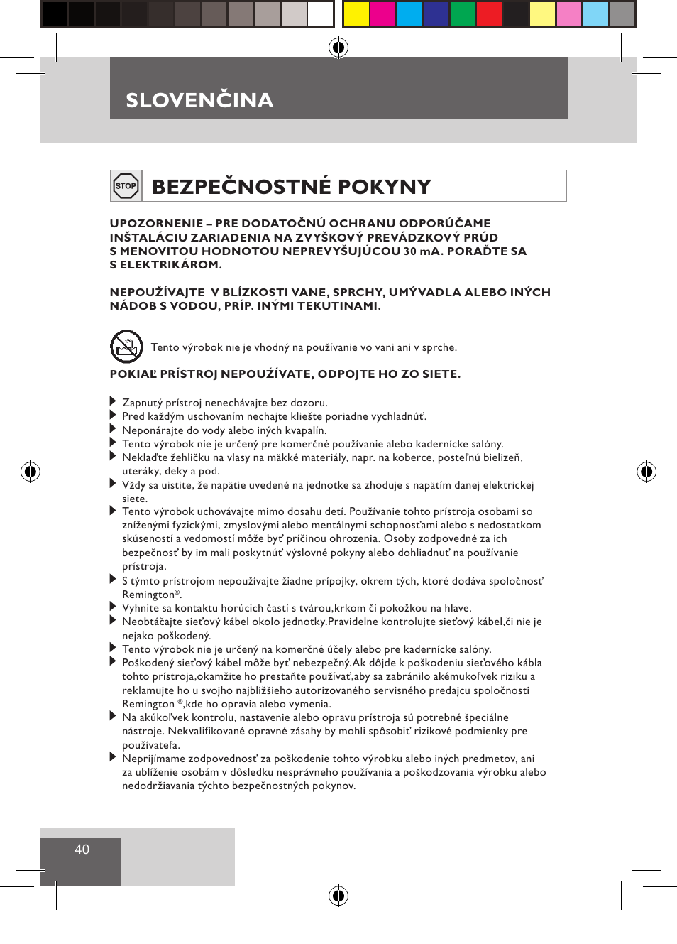 Sloven ina, Slovenčina bezpečnostné pokyny | Remington S1510 User Manual | Page 42 / 83