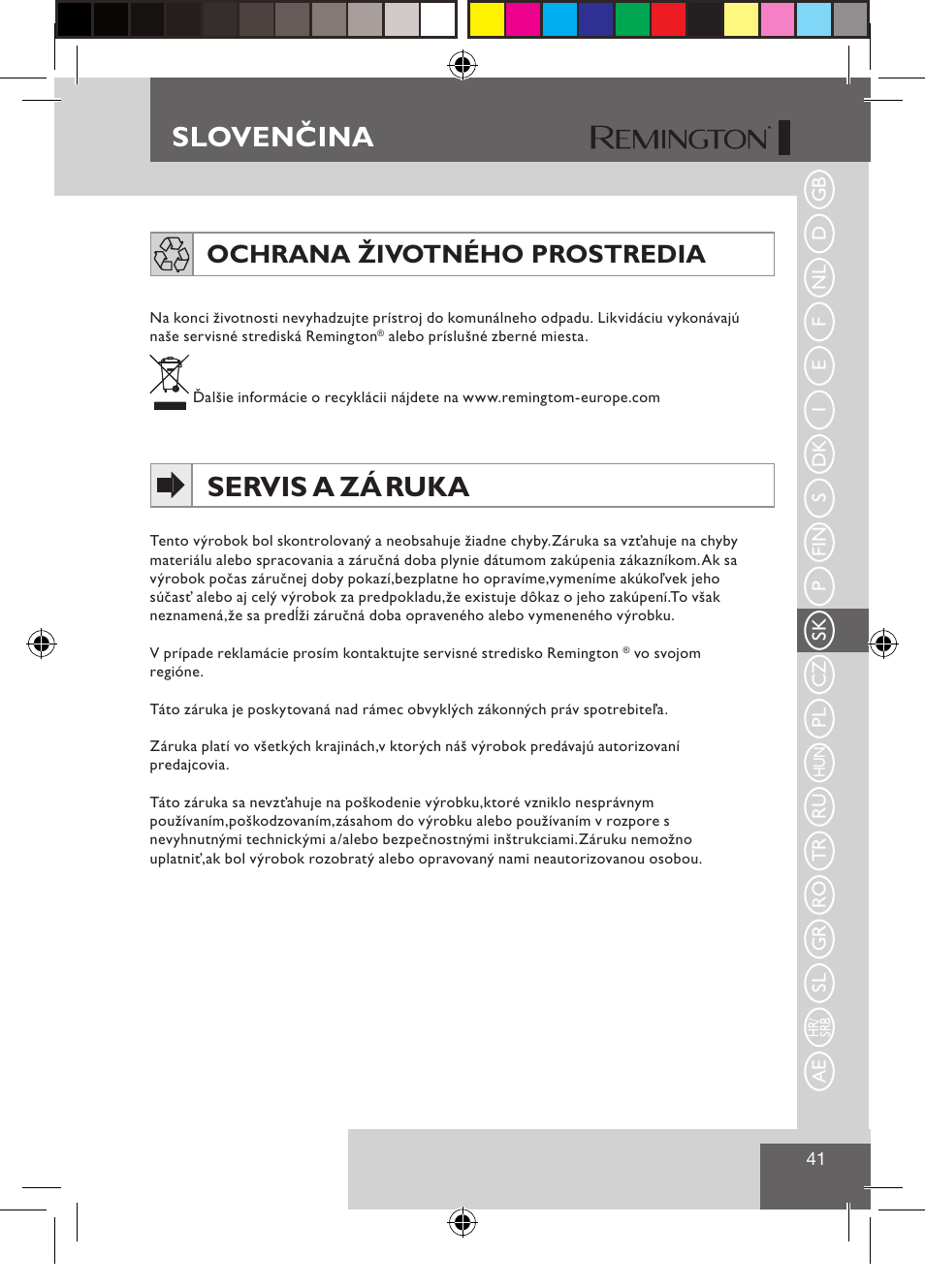 Sloven ina, Slovenčina, Servis a zá ruka | Ochrana životného prostredia | Remington S1510 User Manual | Page 43 / 83