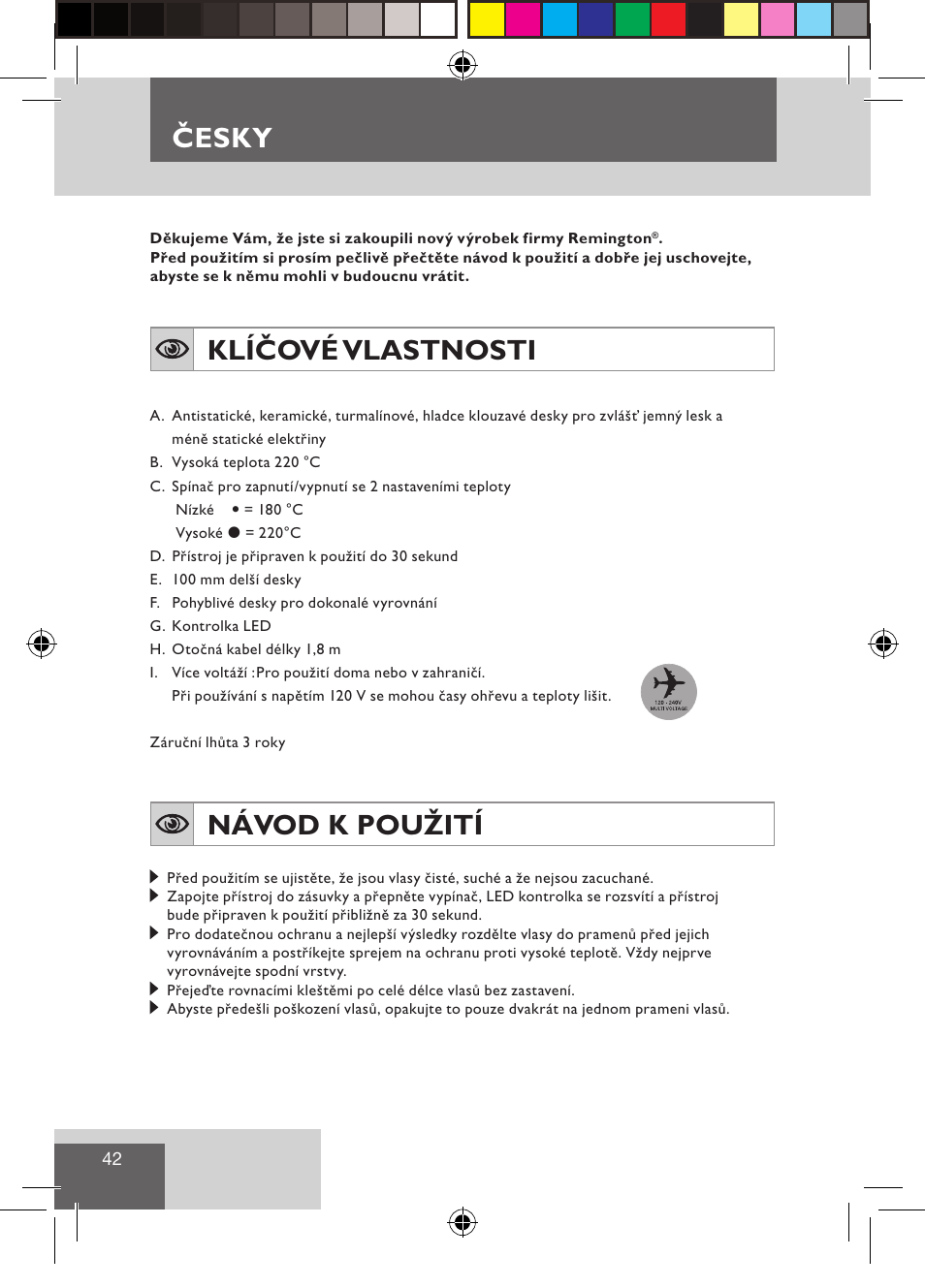 Česky, Klíčové vlastnosti, Návod k použití | Remington S1510 User Manual | Page 44 / 83