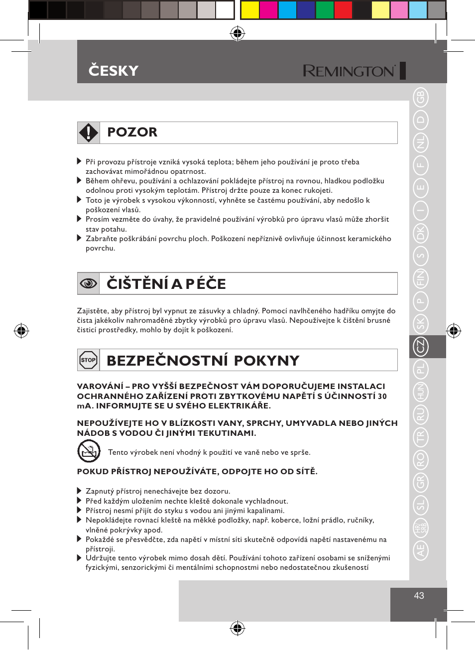 Čištění a p éče, Bezpečnostní pokyny, Česky | Pozor | Remington S1510 User Manual | Page 45 / 83