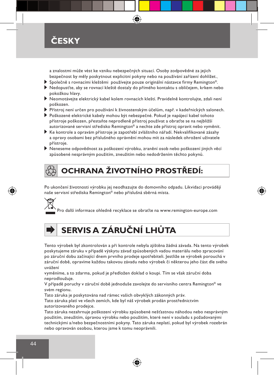 Servis a záruční lhůta, Česky, Ochrana životního prostředí | Remington S1510 User Manual | Page 46 / 83