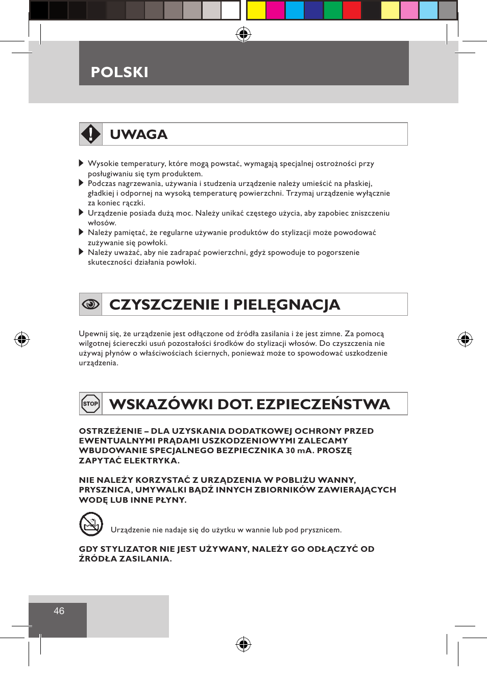 Polski, Czyszczenie i pielęgnacja, Wskazówki dot. ezpieczeństwa | Uwaga | Remington S1510 User Manual | Page 48 / 83