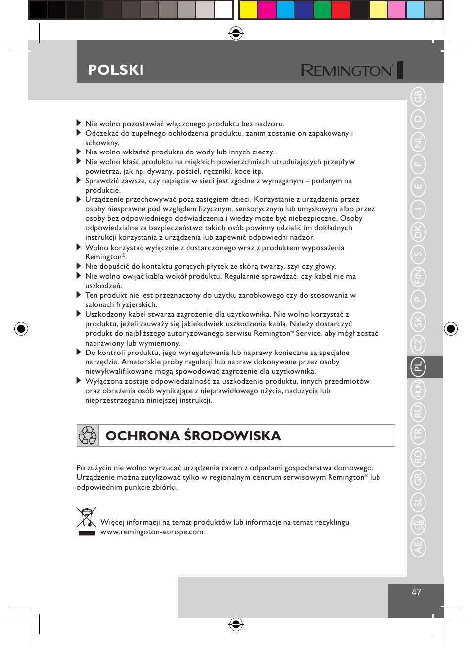 Polski, Ochrona środowiska | Remington S1510 User Manual | Page 49 / 83