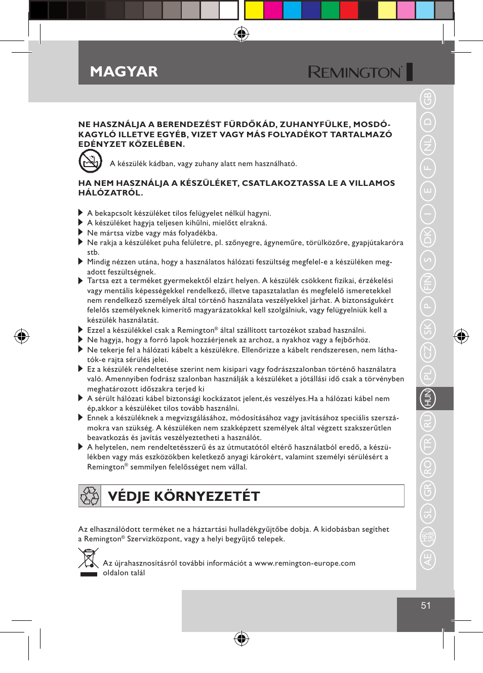 Magyar, Védje környezetét | Remington S1510 User Manual | Page 53 / 83