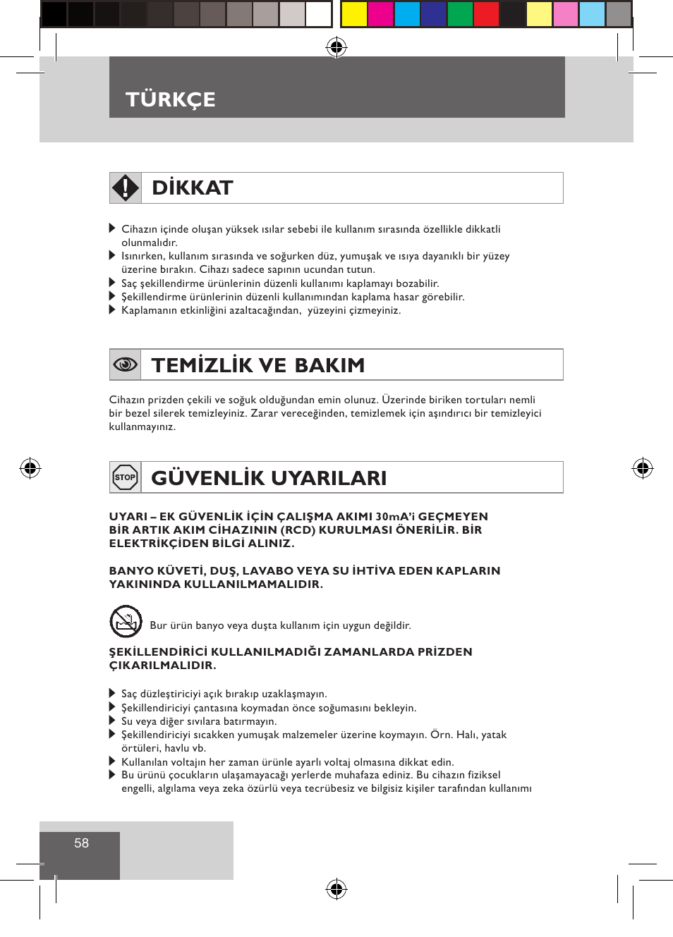 Türkçe, Dikkat, Temizlik ve bakim | Güvenlik uyarilari | Remington S1510 User Manual | Page 60 / 83