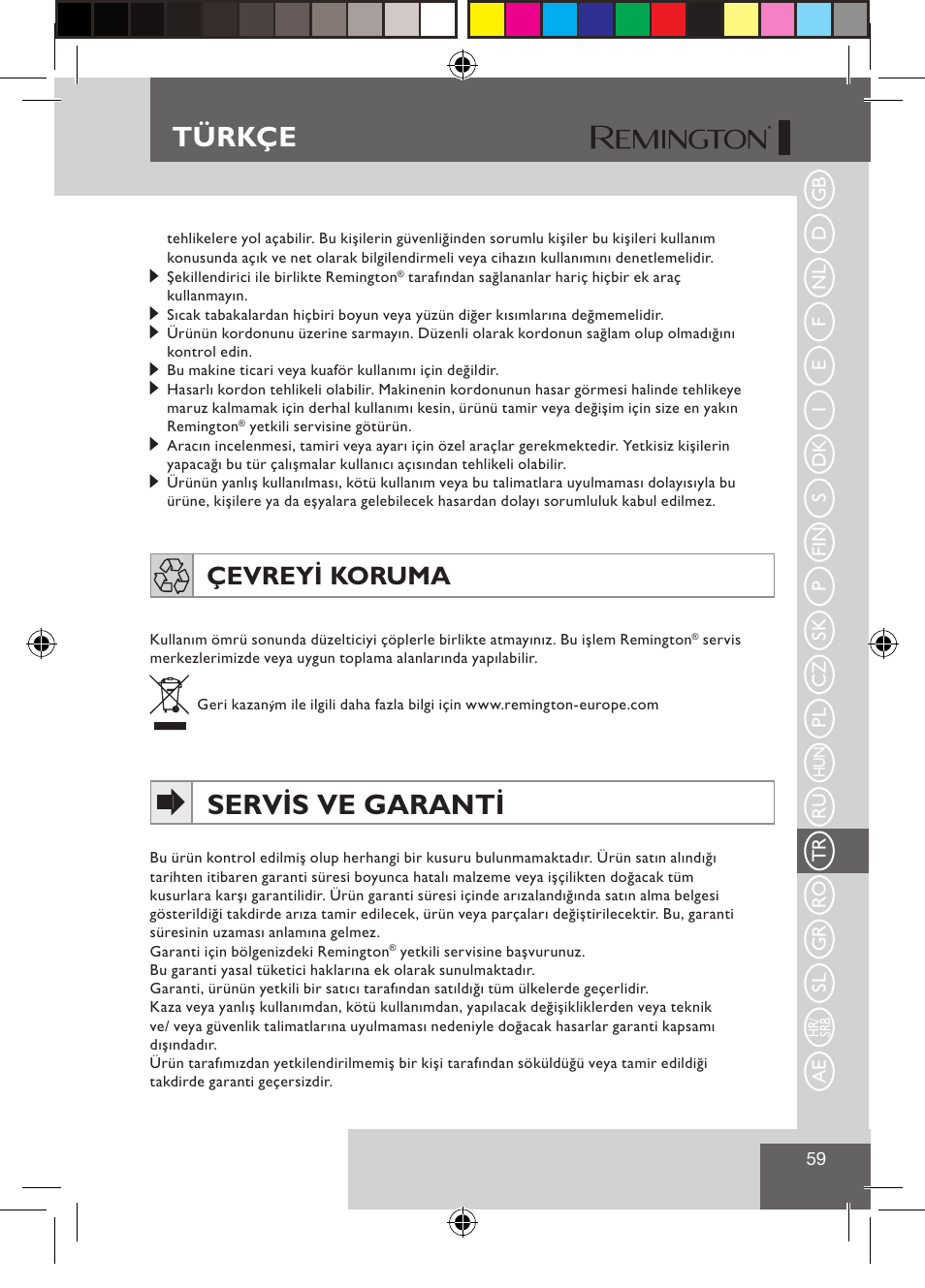 Türkçe, Servis ve garanti, Çevreyi koruma | Remington S1510 User Manual | Page 61 / 83