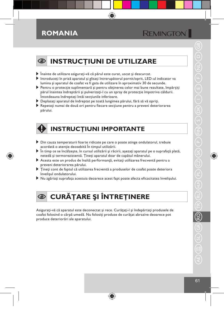 Romania, Instrucţiuni de utilizare, Curăţare şi întreţinere | Instrucţiuni importante | Remington S1510 User Manual | Page 63 / 83
