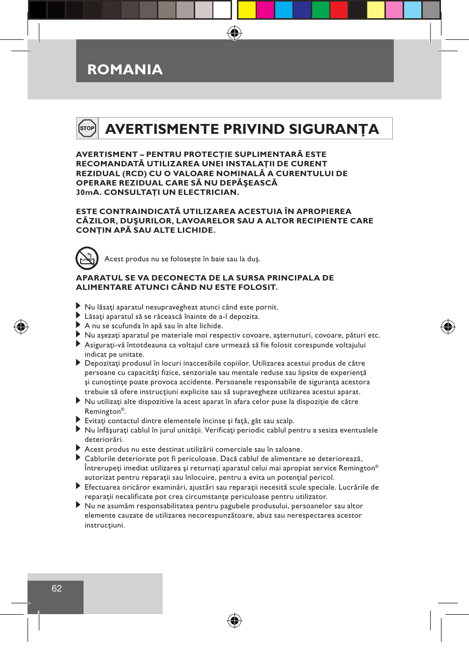 Romania, Avertismente privind siguranţa | Remington S1510 User Manual | Page 64 / 83