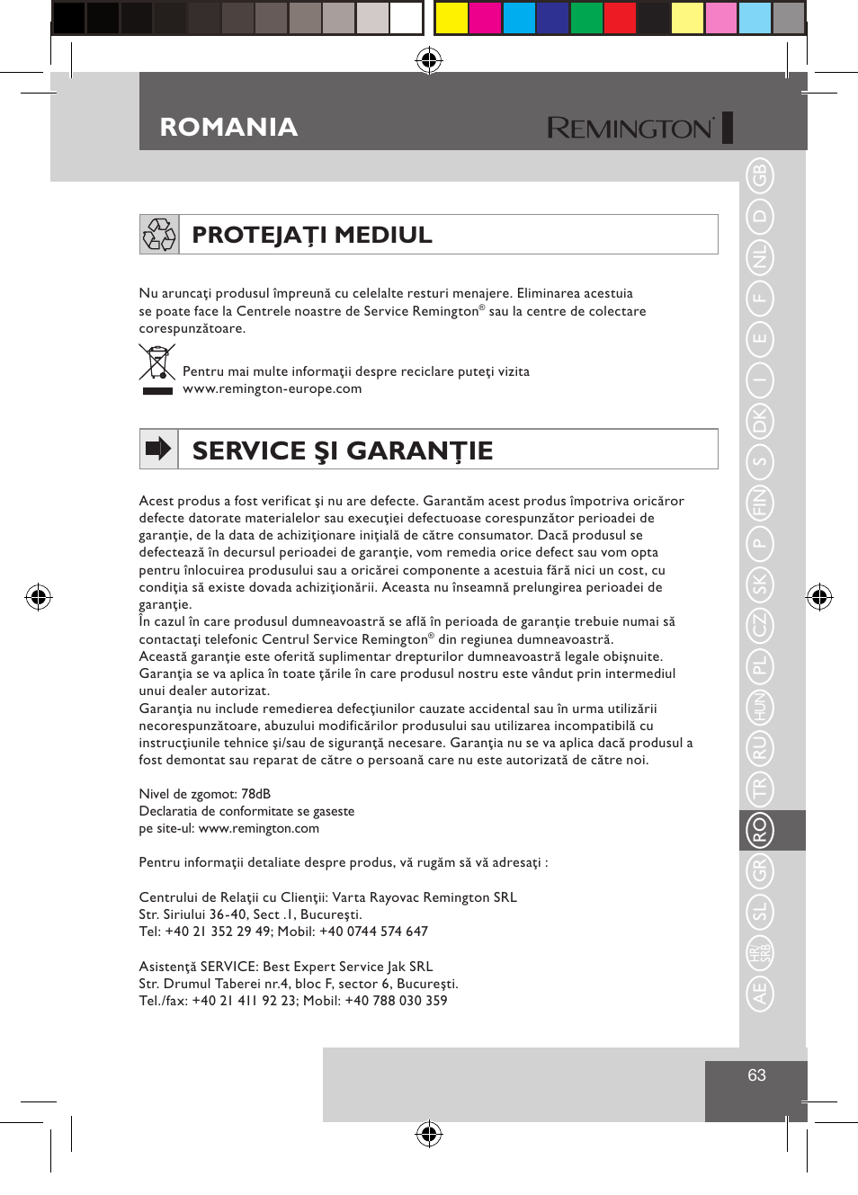 Romania, Service şi garanţie, Protejaţi mediul | Remington S1510 User Manual | Page 65 / 83