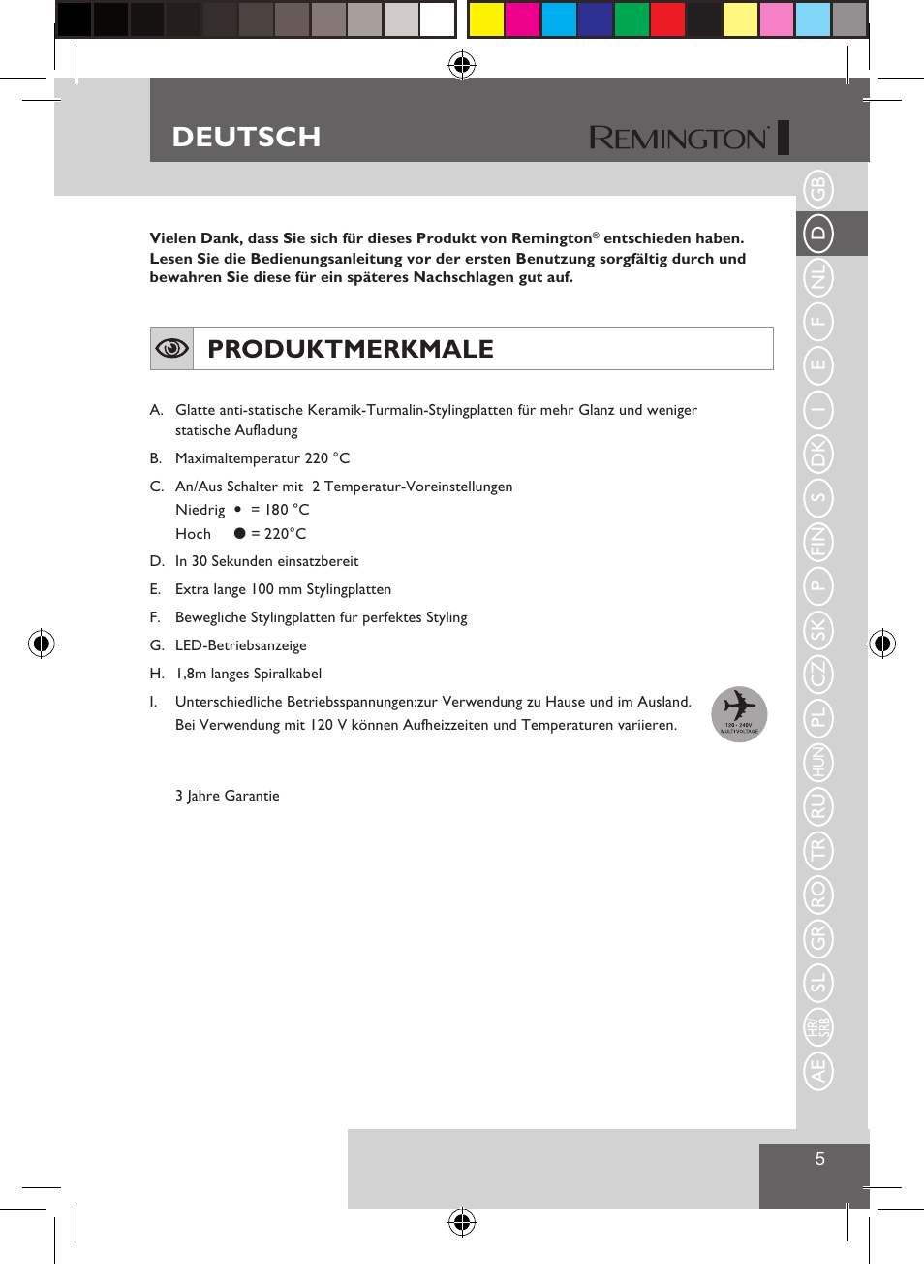 Deutsch, Produktmerkmale | Remington S1510 User Manual | Page 7 / 83
