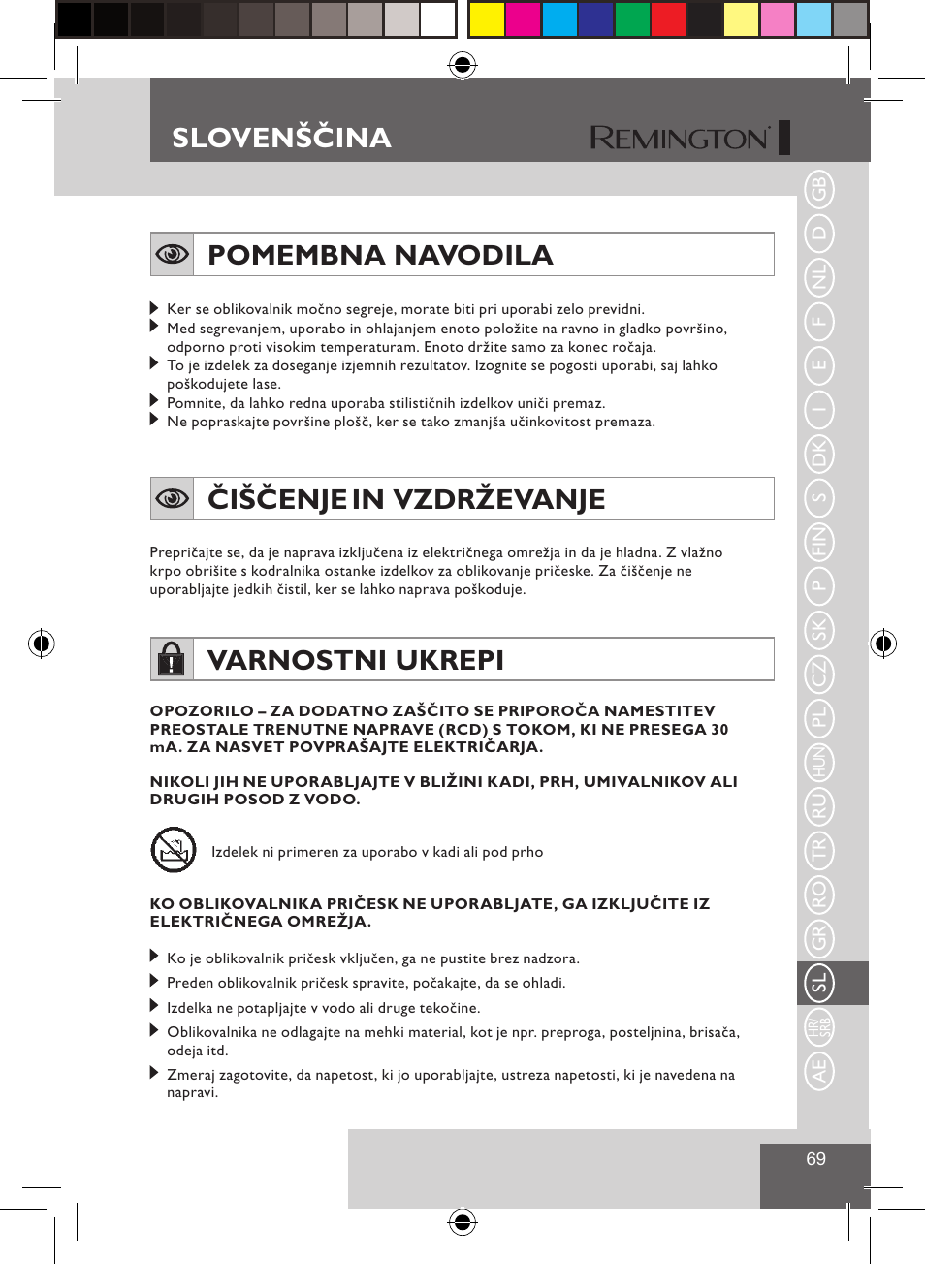 Slovenščina pomembna navodila, Čiščenje in vzdrževanje, Varnostni ukrepi | Remington S1510 User Manual | Page 71 / 83