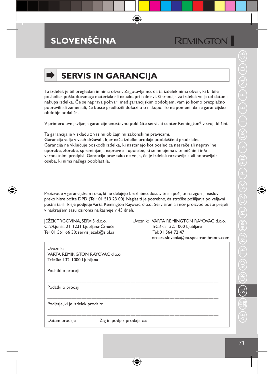 Slovenščina servis in garancija | Remington S1510 User Manual | Page 73 / 83