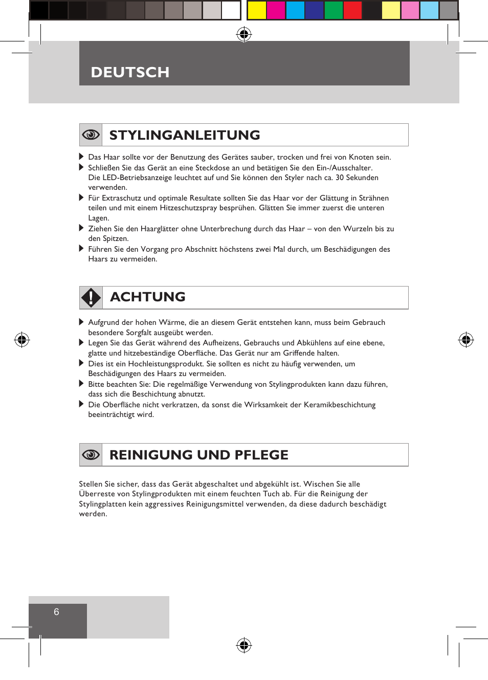 Deutsch, Stylinganleitung, Achtung | Reinigung und pflege | Remington S1510 User Manual | Page 8 / 83