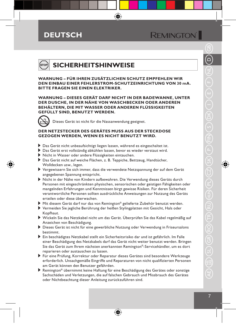 Deutsch, Sicherheitshinweise | Remington S1510 User Manual | Page 9 / 83