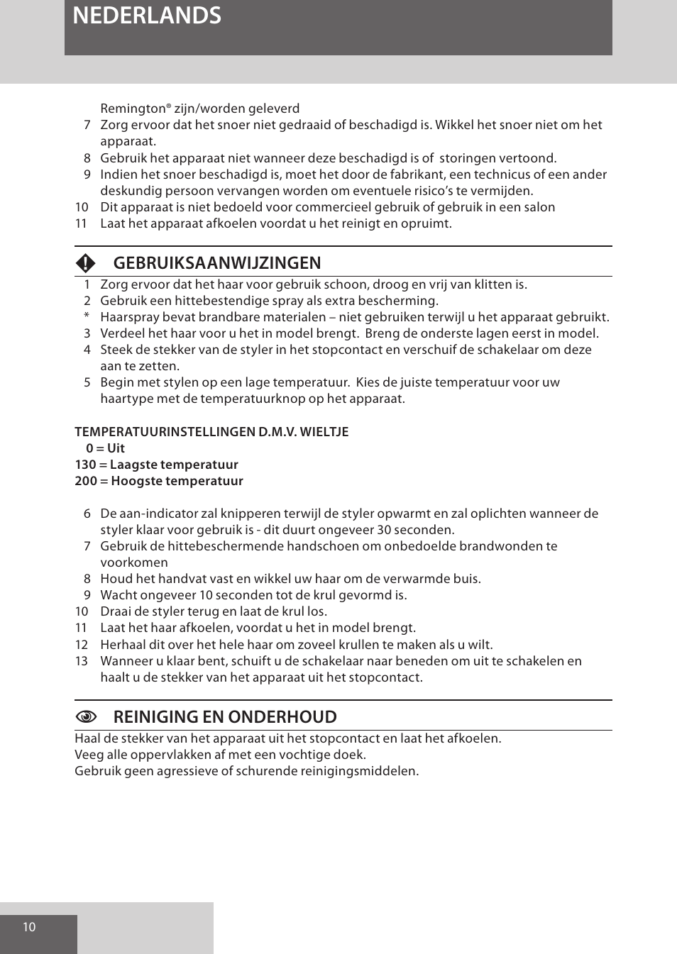 Nederlands, Fgebruiksaanwijzingen, Creiniging en onderhoud | Remington CI52W0 User Manual | Page 10 / 70