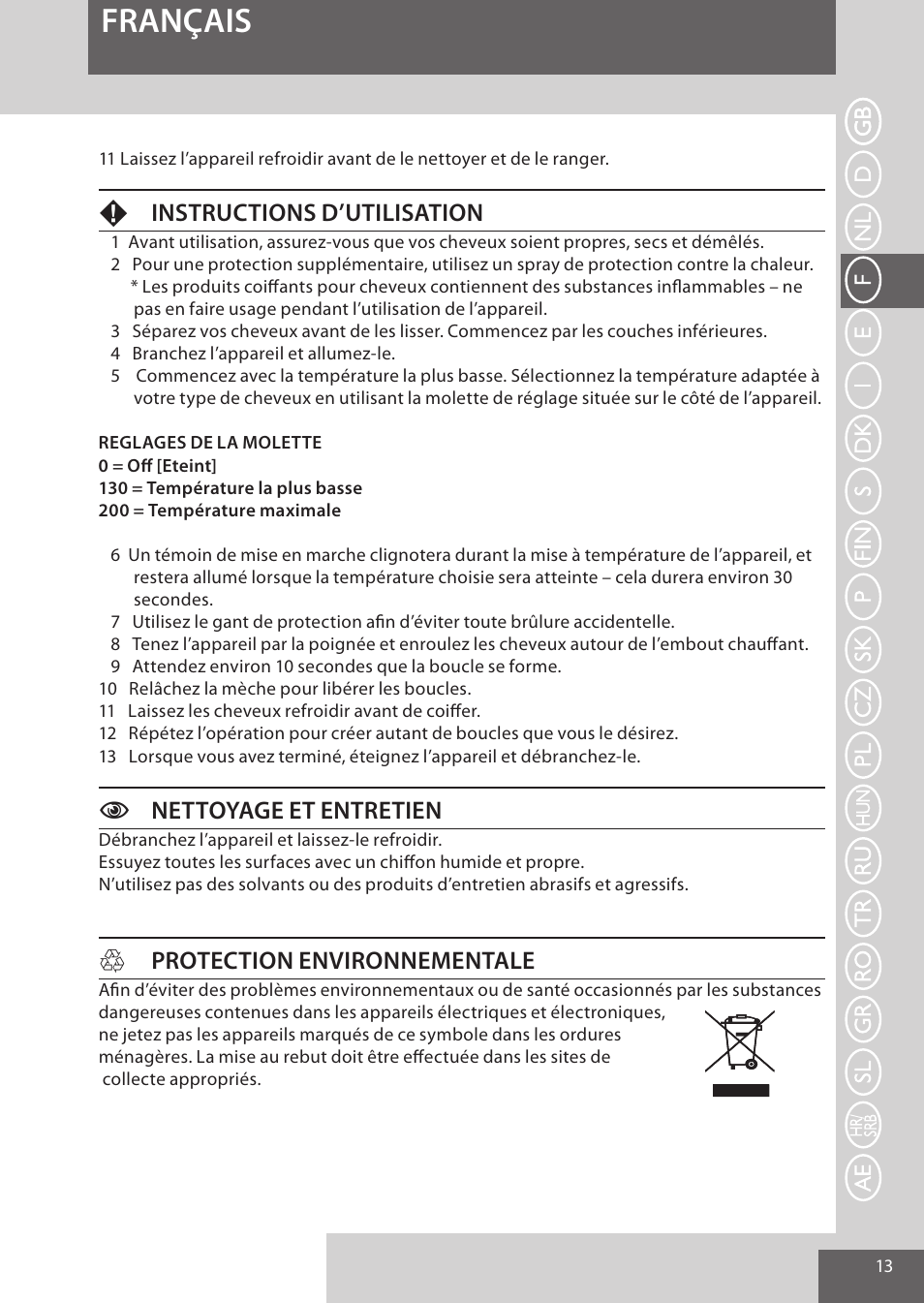 Français, Finstructions d’utilisation, Cnettoyage et entretien | Hprotection environnementale | Remington CI52W0 User Manual | Page 13 / 70