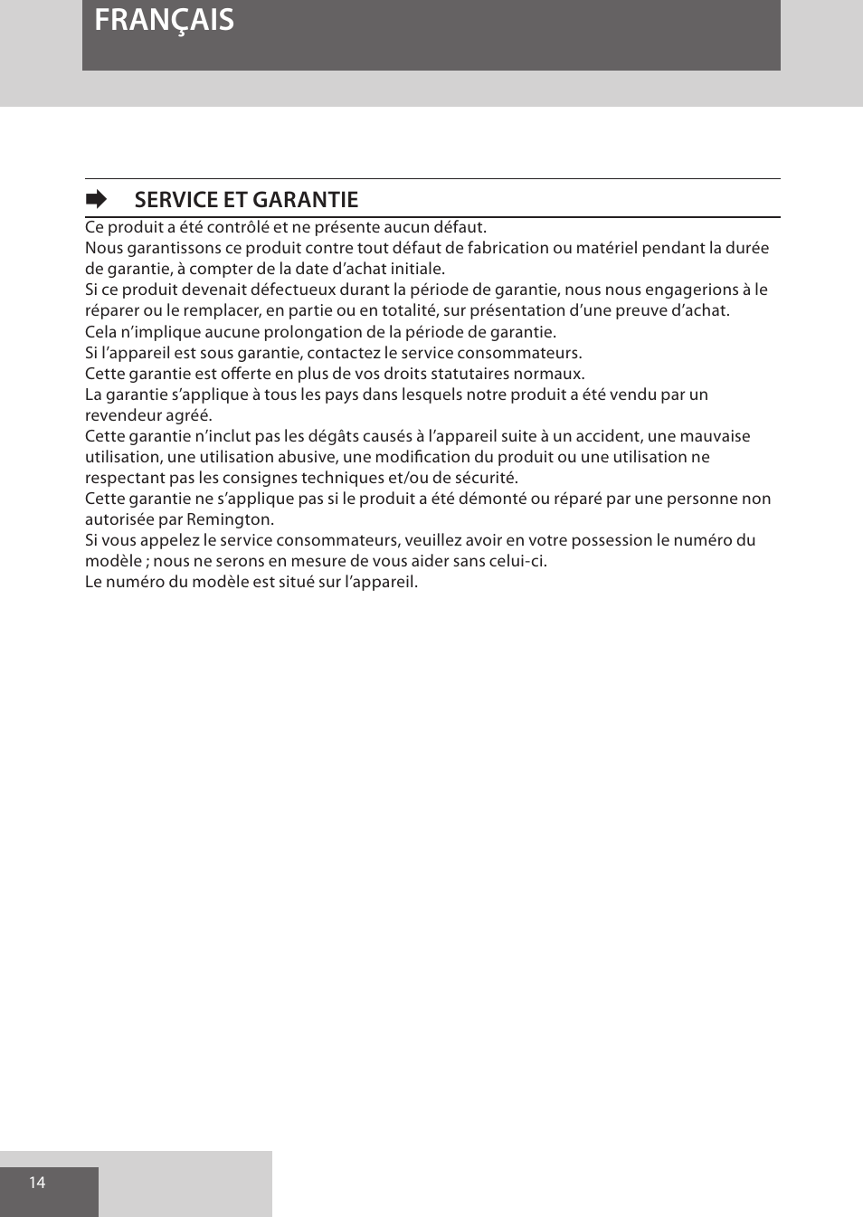 Français, Eservice et garantie | Remington CI52W0 User Manual | Page 14 / 70