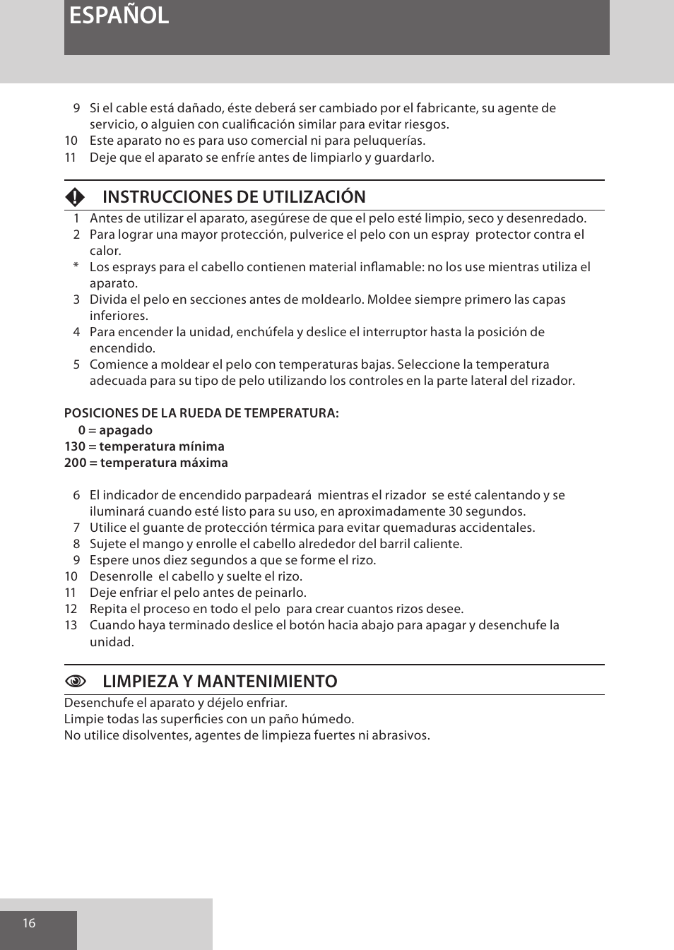 Español, Finstrucciones de utilización, Climpieza y mantenimiento | Remington CI52W0 User Manual | Page 16 / 70