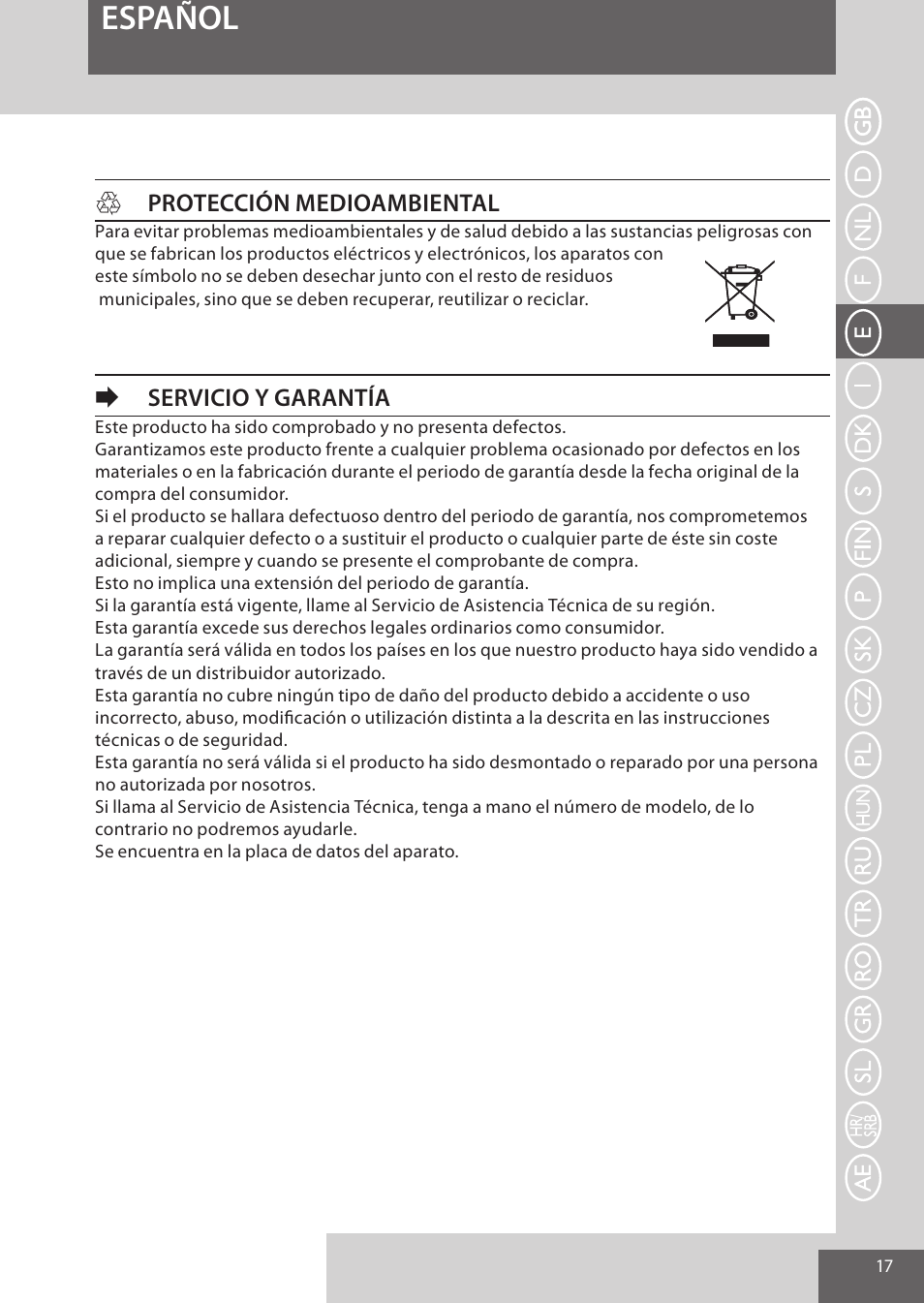 Español, Hprotección medioambiental, Eservicio y garantía | Remington CI52W0 User Manual | Page 17 / 70