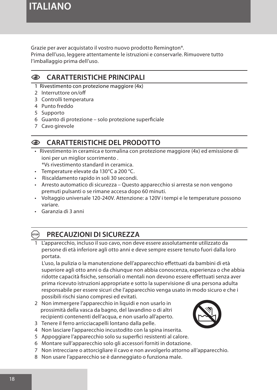 Italiano, Ccaratteristiche principali, Ccaratteristiche del prodotto | Aprecauzioni di sicurezza | Remington CI52W0 User Manual | Page 18 / 70