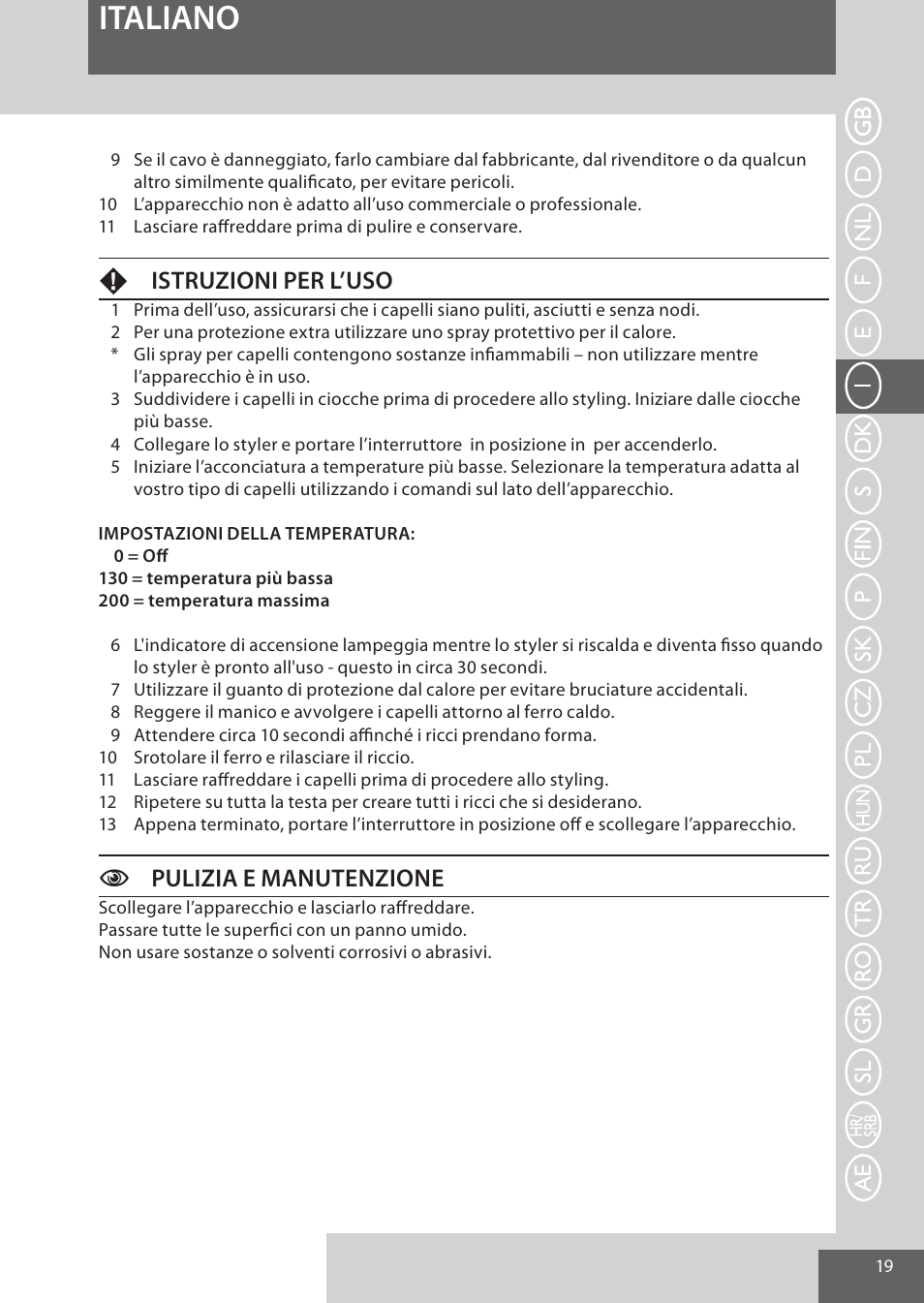 Italiano, Fistruzioni per l’uso, Cpulizia e manutenzione | Remington CI52W0 User Manual | Page 19 / 70