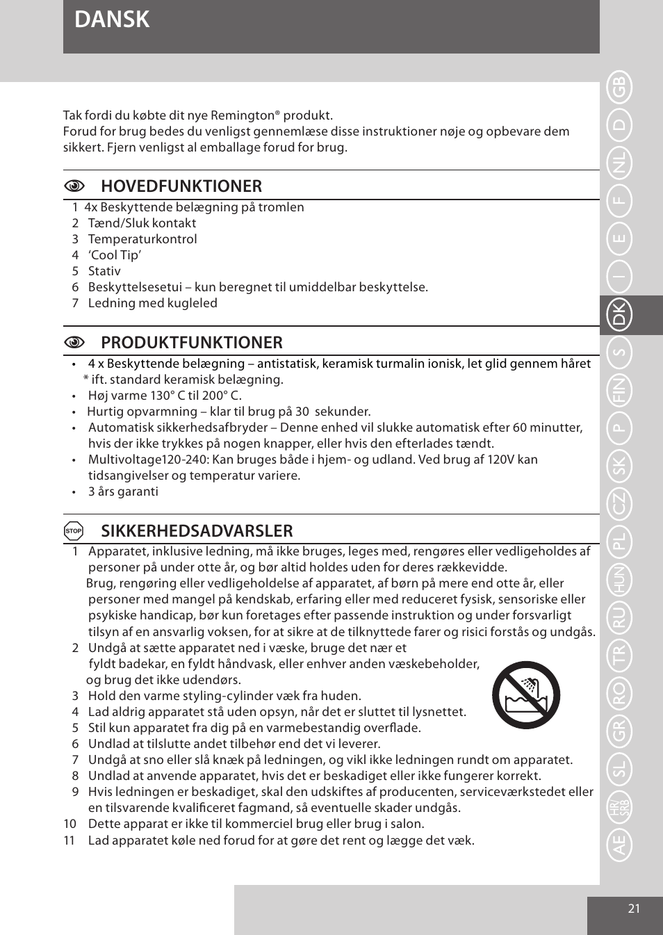 Dansk, Chovedfunktioner, Cproduktfunktioner | Asikkerhedsadvarsler | Remington CI52W0 User Manual | Page 21 / 70