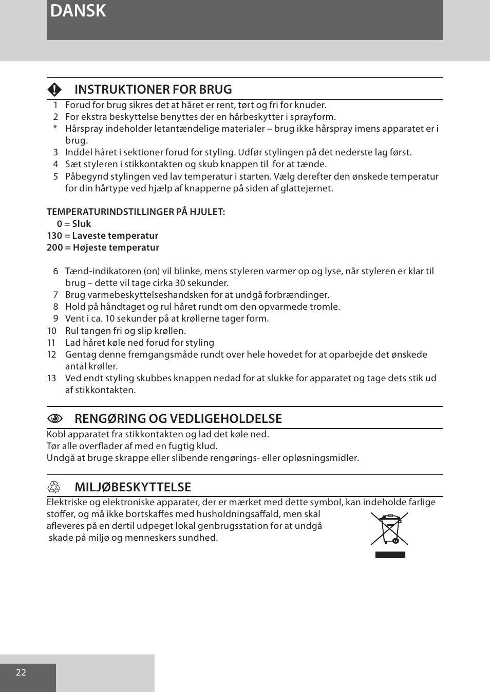 Dansk, Finstruktioner for brug, Crengøring og vedligeholdelse | Hmiljøbeskyttelse | Remington CI52W0 User Manual | Page 22 / 70