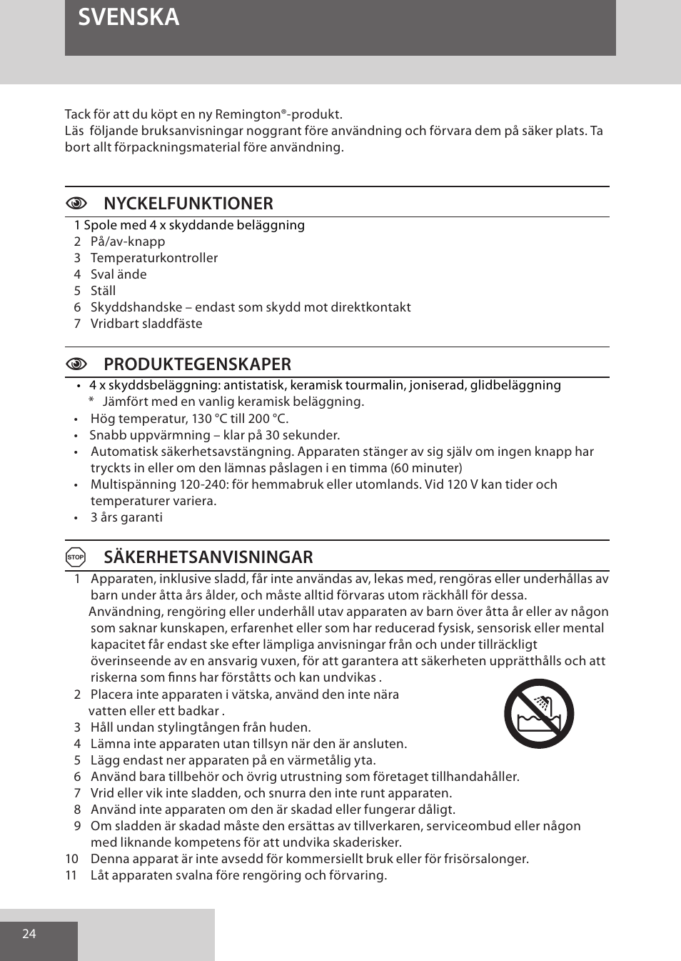 Svenska, Cnyckelfunktioner, Cproduktegenskaper | Asäkerhetsanvisningar | Remington CI52W0 User Manual | Page 24 / 70