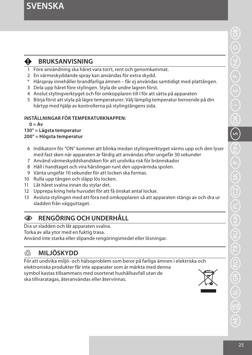 Svenska, Fbruksanvisning, Crengöring och underhåll | Hmiljöskydd | Remington CI52W0 User Manual | Page 25 / 70