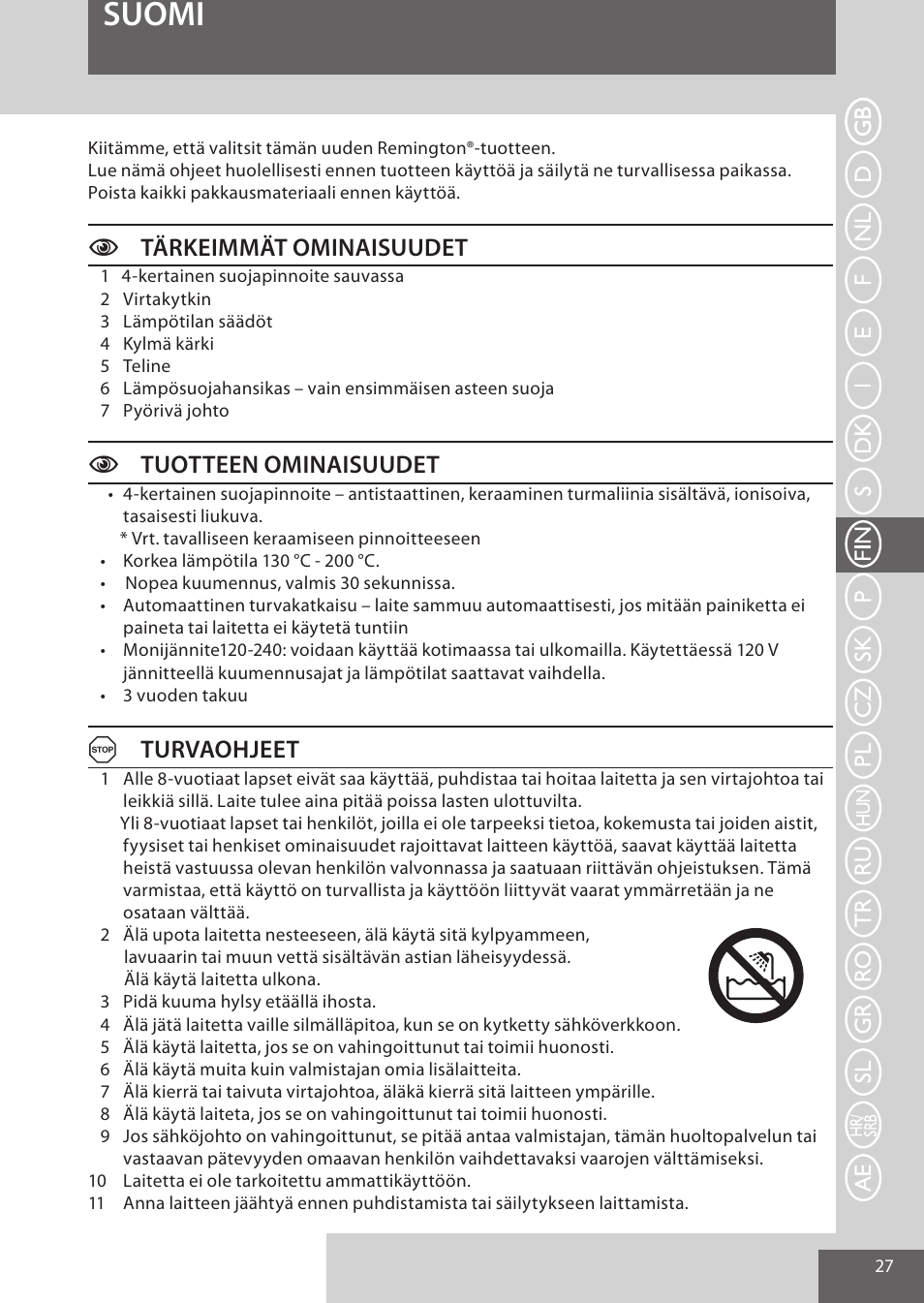 Suomi, Ctärkeimmät ominaisuudet, Ctuotteen ominaisuudet | Aturvaohjeet | Remington CI52W0 User Manual | Page 27 / 70