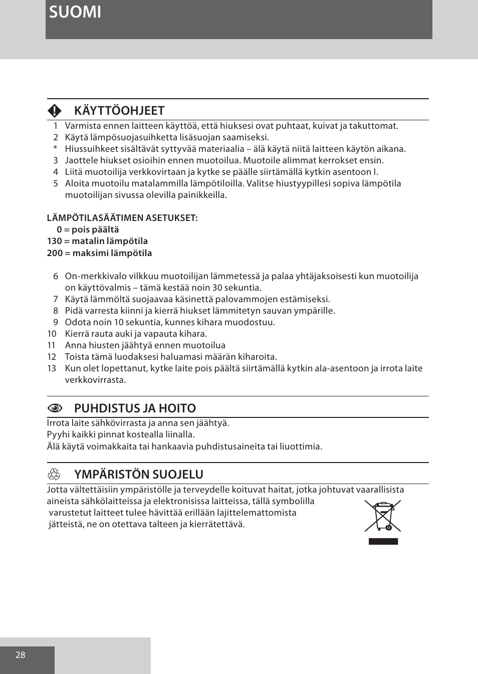 Suomi, Fkäyttöohjeet, Cpuhdistus ja hoito | Hympäristön suojelu | Remington CI52W0 User Manual | Page 28 / 70