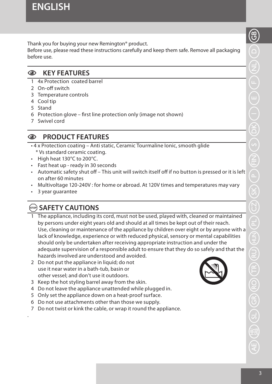 English, Ckey features, Cproduct features | A safety cautions | Remington CI52W0 User Manual | Page 3 / 70