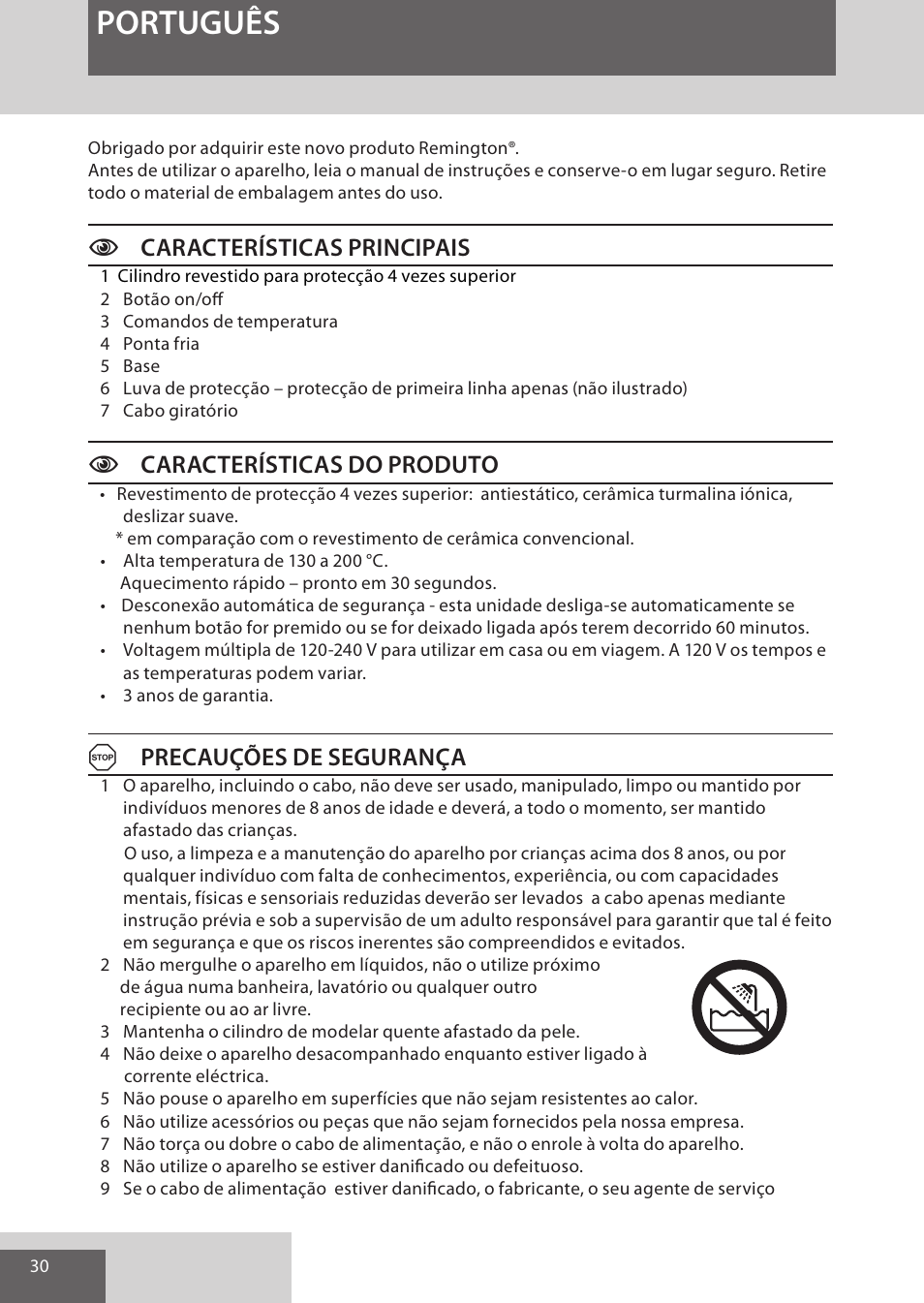 Português, Ccaracterísticas principais, Ccaracterísticas do produto | Aprecauções de segurança | Remington CI52W0 User Manual | Page 30 / 70