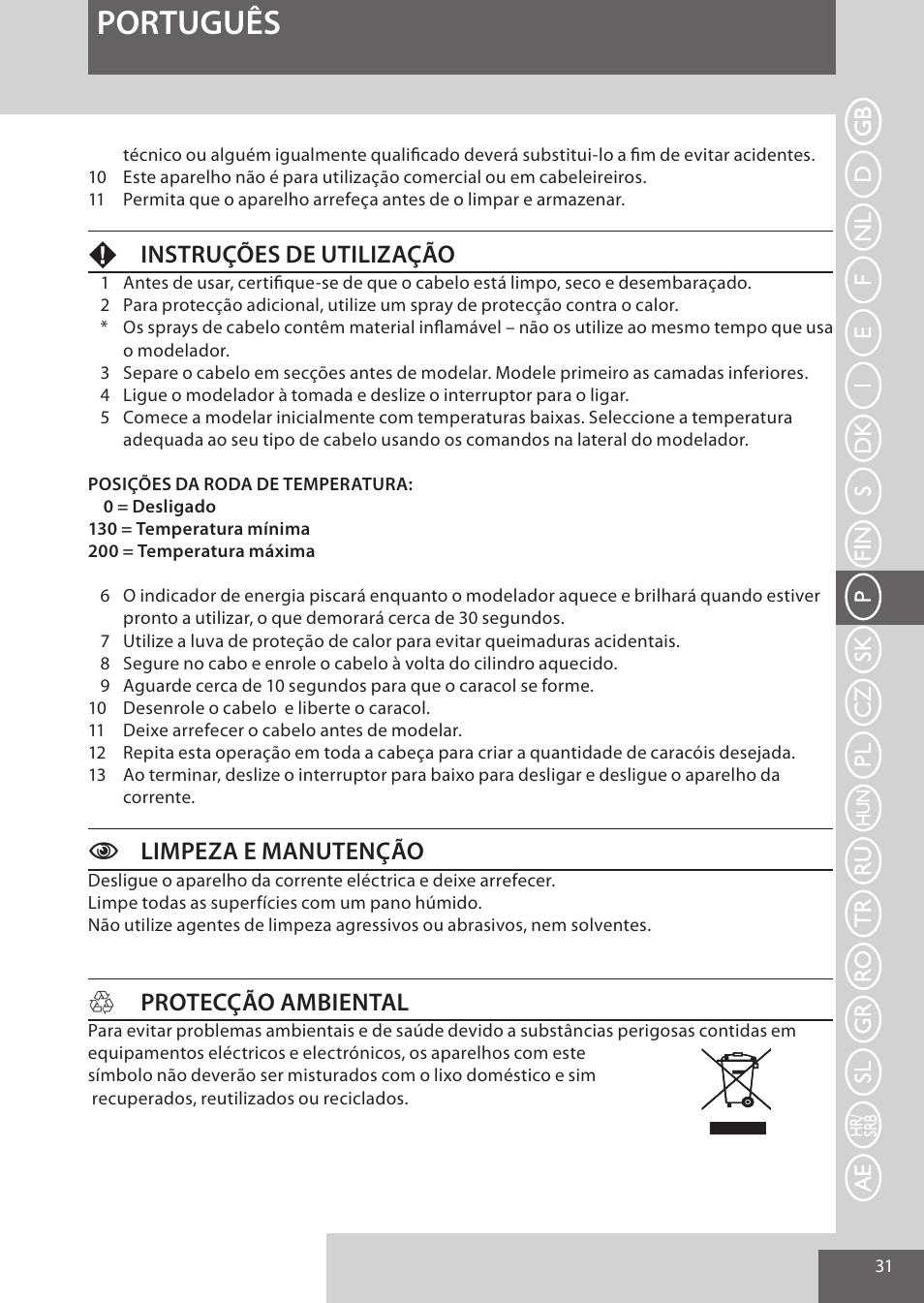 Português, Finstruções de utilização, Climpeza e manutenção | Hprotecção ambiental | Remington CI52W0 User Manual | Page 31 / 70