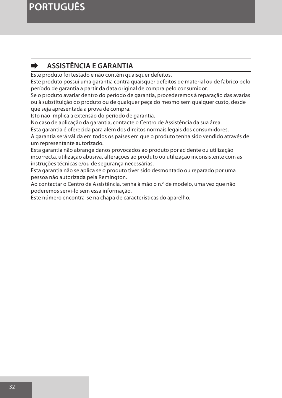 Português, Eassistência e garantia | Remington CI52W0 User Manual | Page 32 / 70