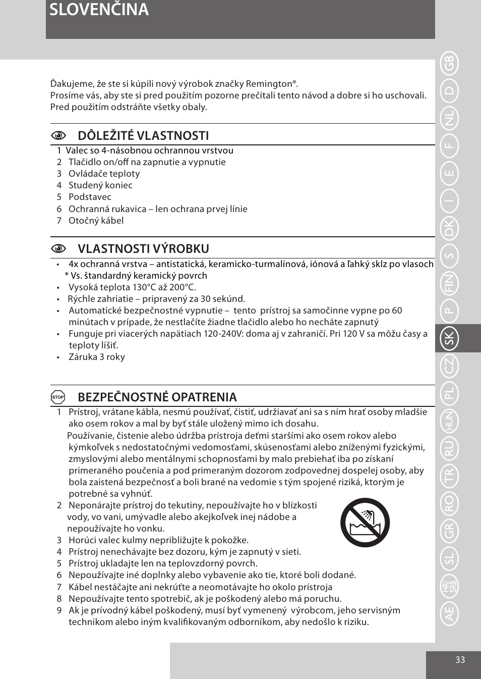 Slovenčina, Cdôležité vlastnosti, Cvlastnosti výrobku | Abezpečnostné opatrenia | Remington CI52W0 User Manual | Page 33 / 70
