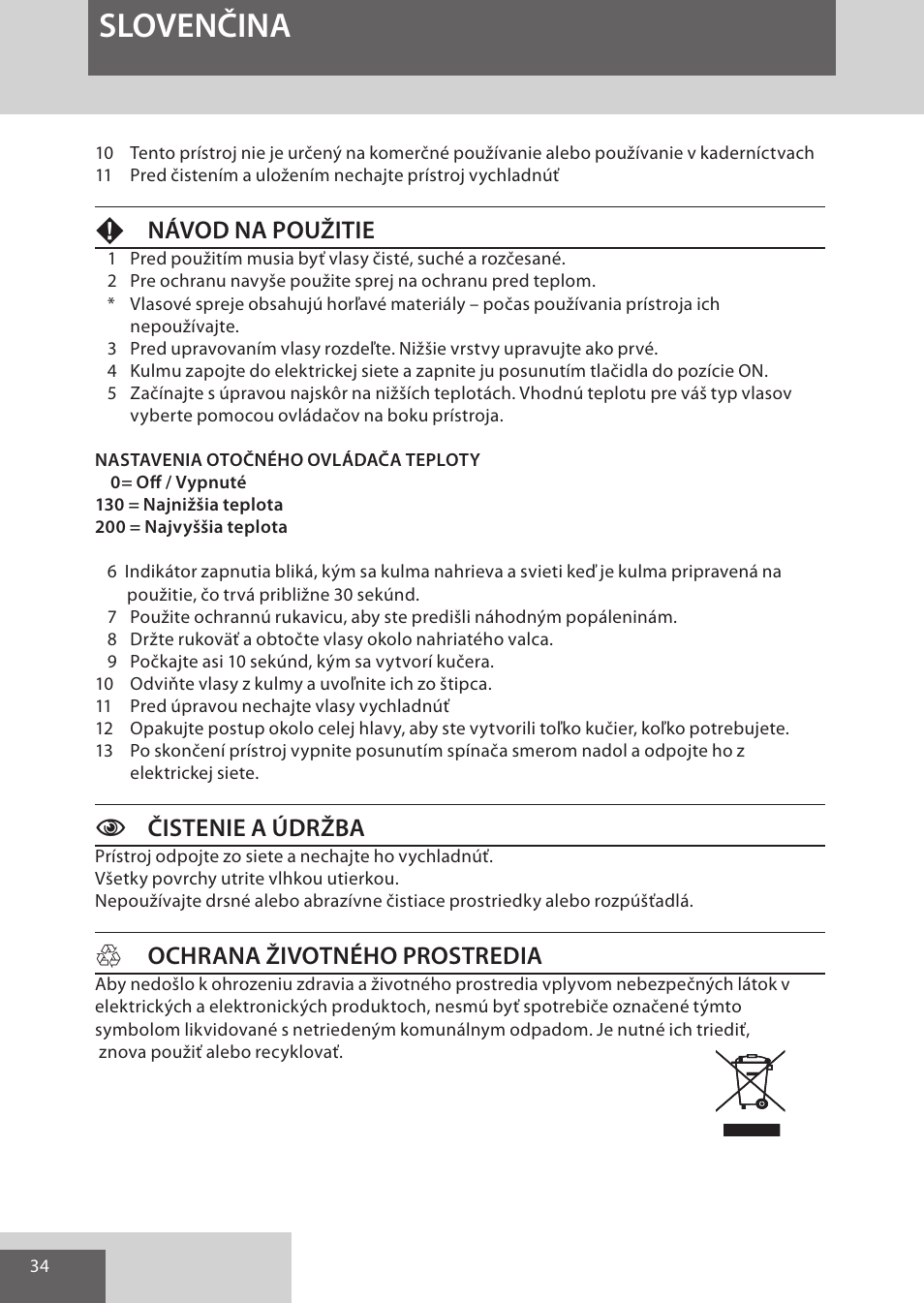 Slovenčina, Fnávod na použitie, Cčistenie a údržba | Hochrana životného prostredia | Remington CI52W0 User Manual | Page 34 / 70