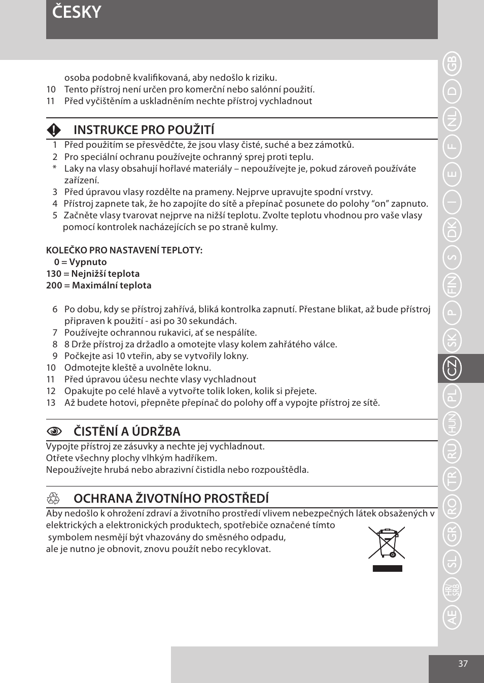 Česky, Finstrukce pro použití, Cčistění a údržba | Hochrana životního prostředí | Remington CI52W0 User Manual | Page 37 / 70