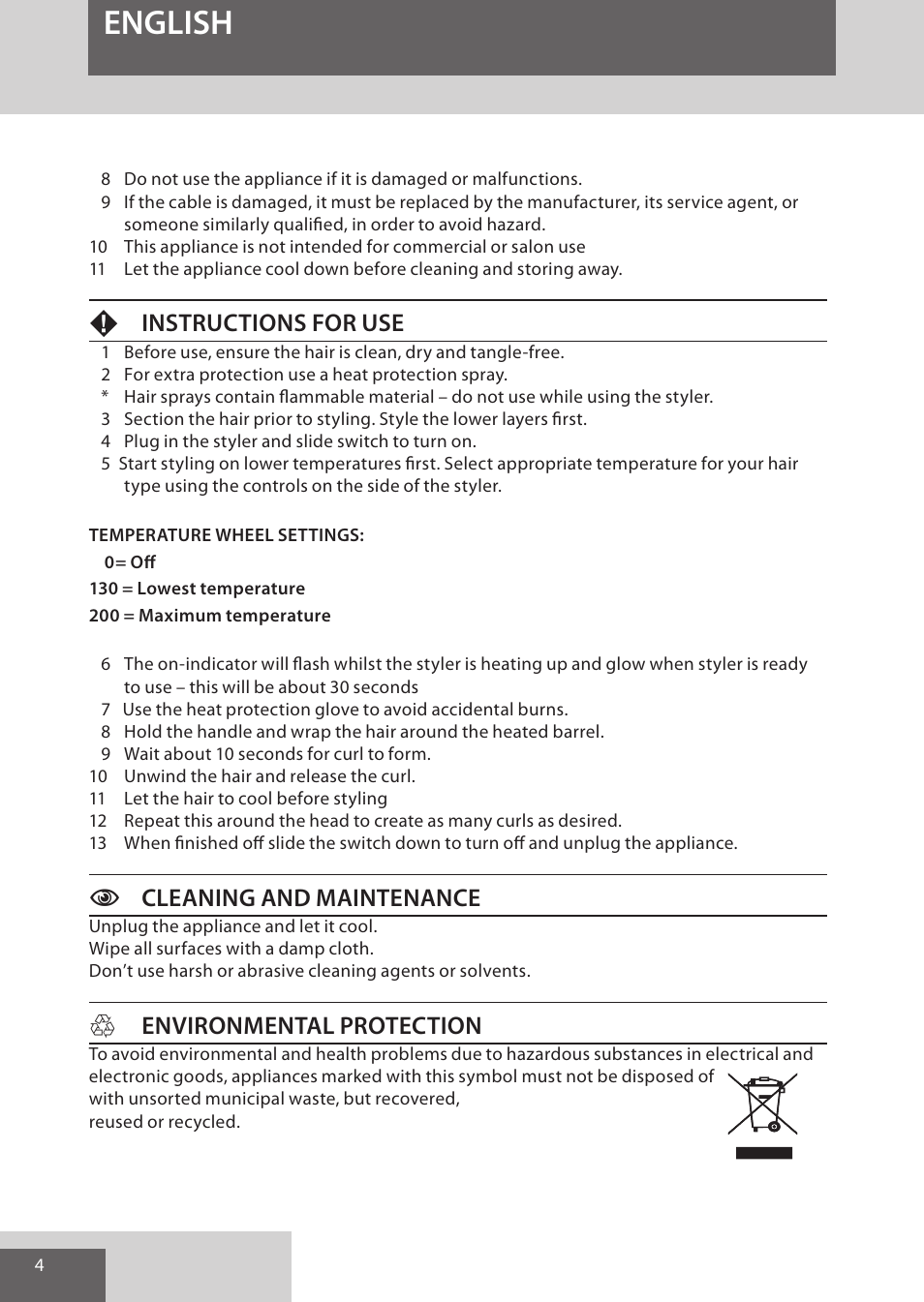 English, Finstructions for use, Ccleaning and maintenance | Henvironmental protection | Remington CI52W0 User Manual | Page 4 / 70