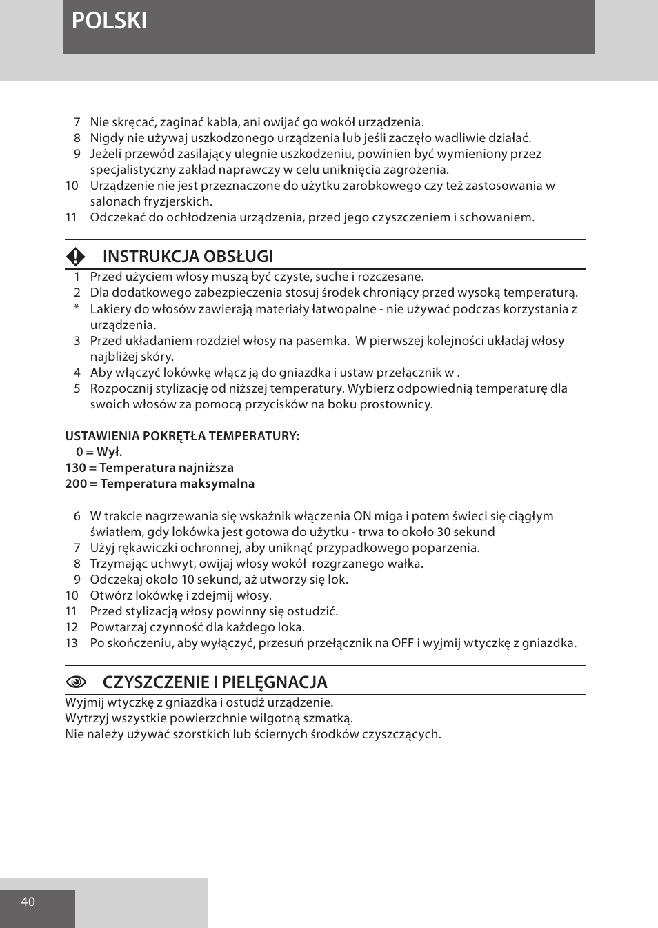 Polski, Finstrukcja obsługi, Cczyszczenie i pielęgnacja | Remington CI52W0 User Manual | Page 40 / 70