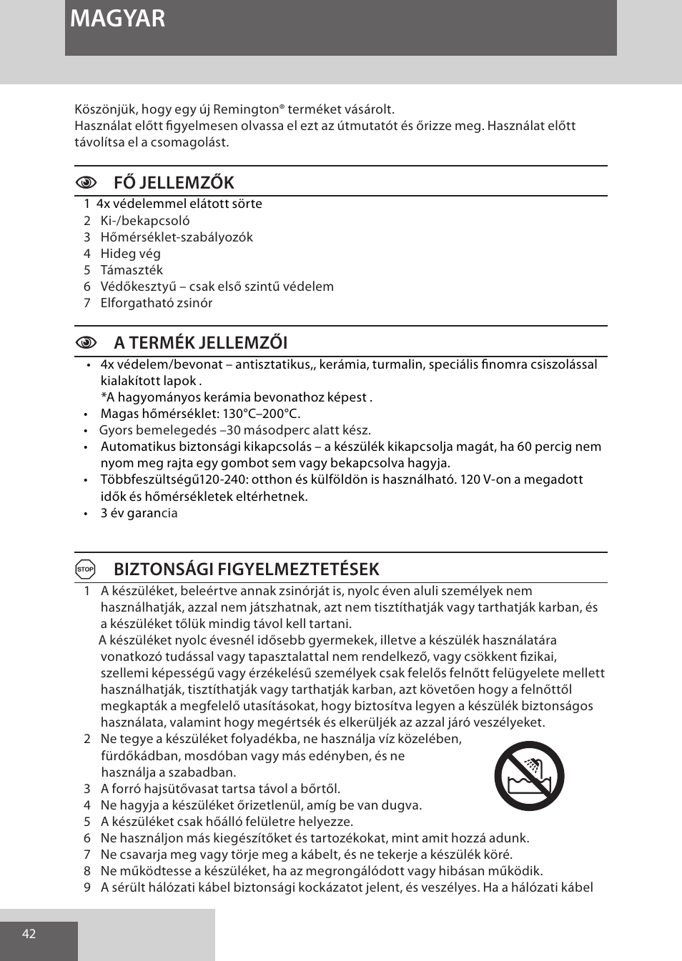 Magyar, Cfő jellemzők, Ca termék jellemzői | Abiztonsági figyelmeztetések | Remington CI52W0 User Manual | Page 42 / 70