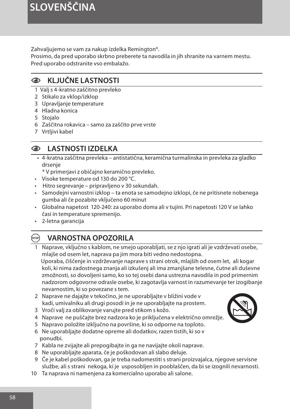 Slovenščina, Cključne lastnosti, Clastnosti izdelka | Avarnostna opozorila | Remington CI52W0 User Manual | Page 58 / 70