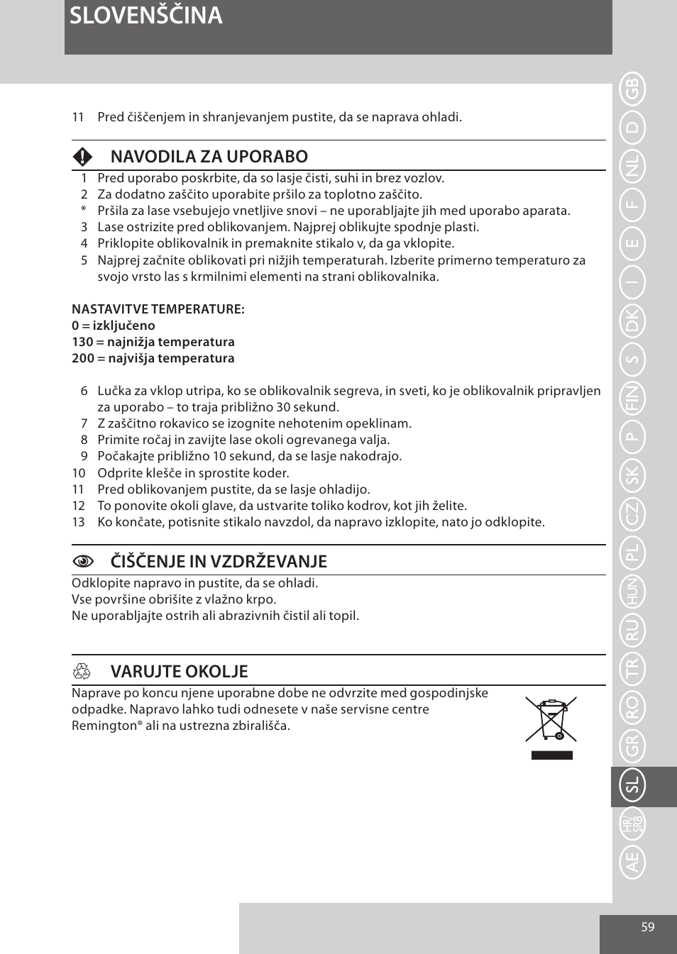 Slovenščina, Fnavodila za uporabo, Cčiščenje in vzdrževanje | Hvarujte okolje | Remington CI52W0 User Manual | Page 59 / 70