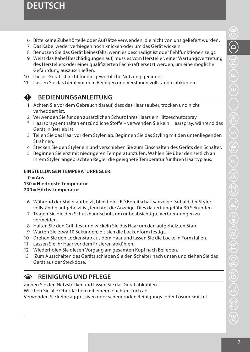 Deutsch, Fbedienungsanleitung, Creinigung und pflege | Remington CI52W0 User Manual | Page 7 / 70