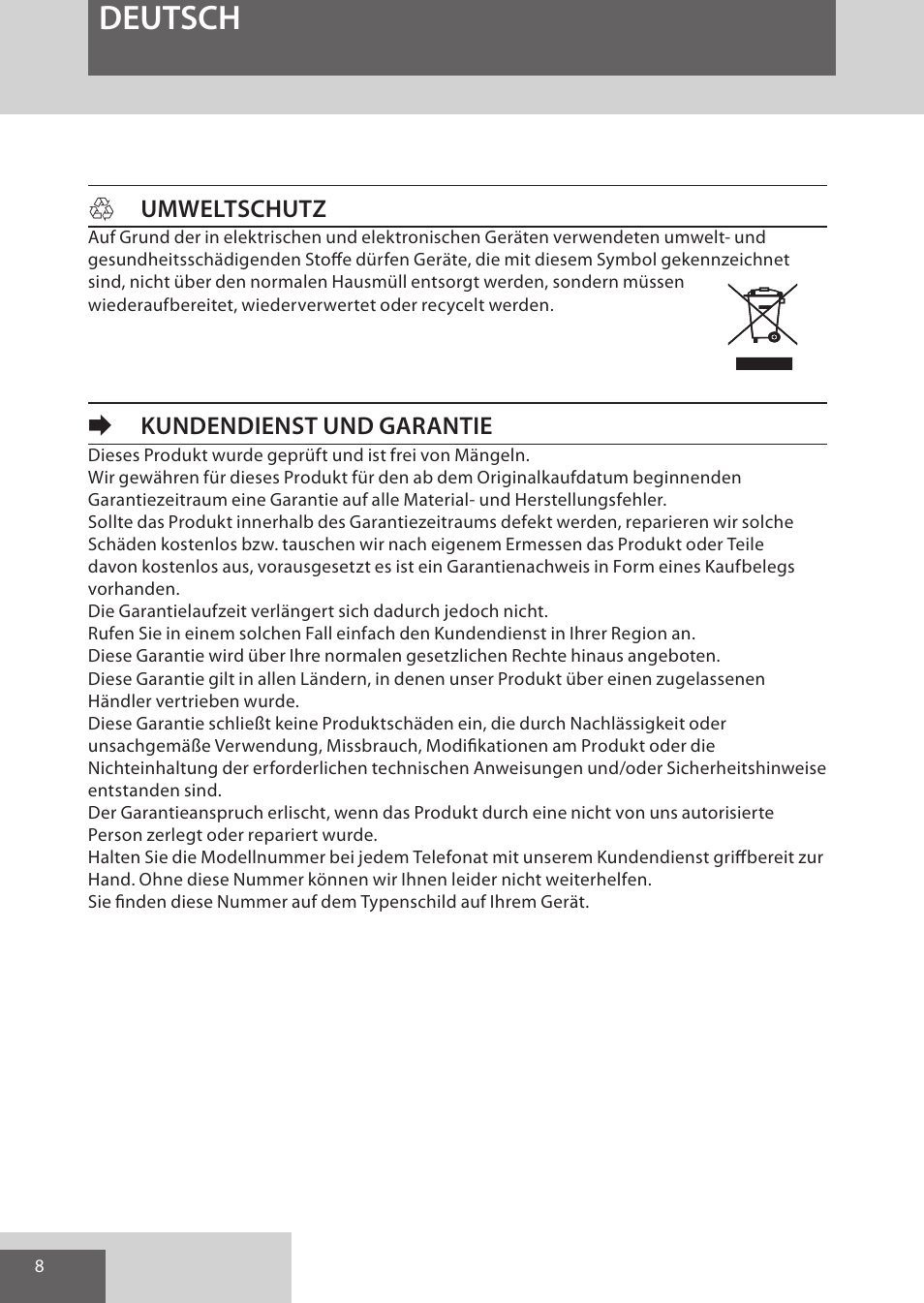 Deutsch, Humweltschutz, Ekundendienst und garantie | Remington CI52W0 User Manual | Page 8 / 70