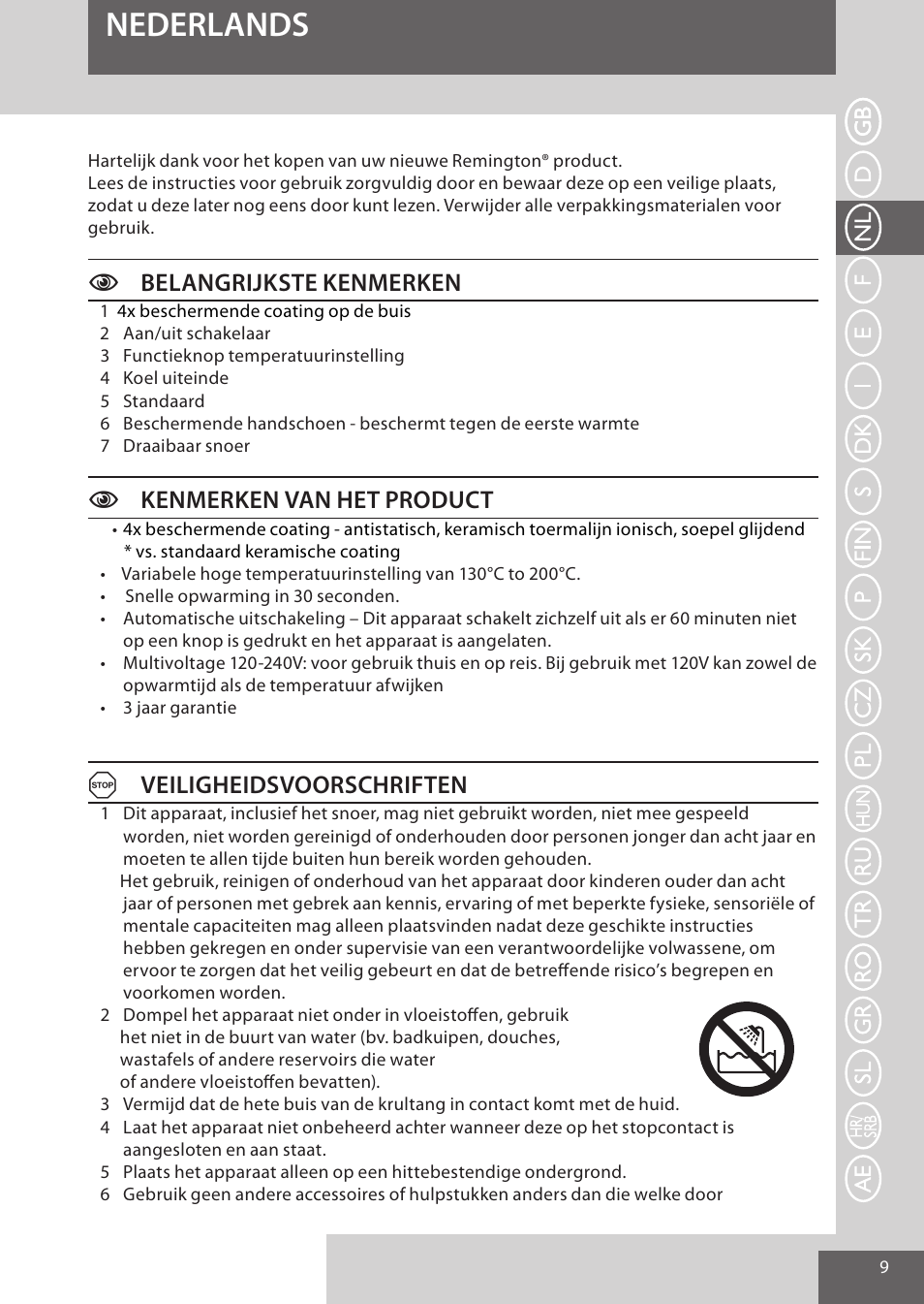 Nederlands, Cbelangrijkste kenmerken, Ckenmerken van het product | Aveiligheidsvoorschriften | Remington CI52W0 User Manual | Page 9 / 70