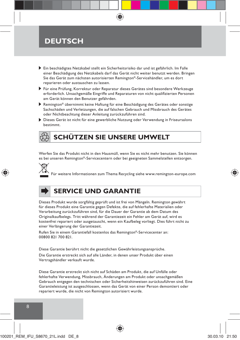 Deutsch, Schützen sie unsere umwelt, Service und garantie | Remington S8670 User Manual | Page 10 / 89